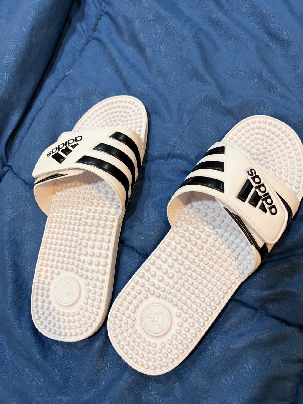adidas White mens Slide Sandals with Black Three-Stripes